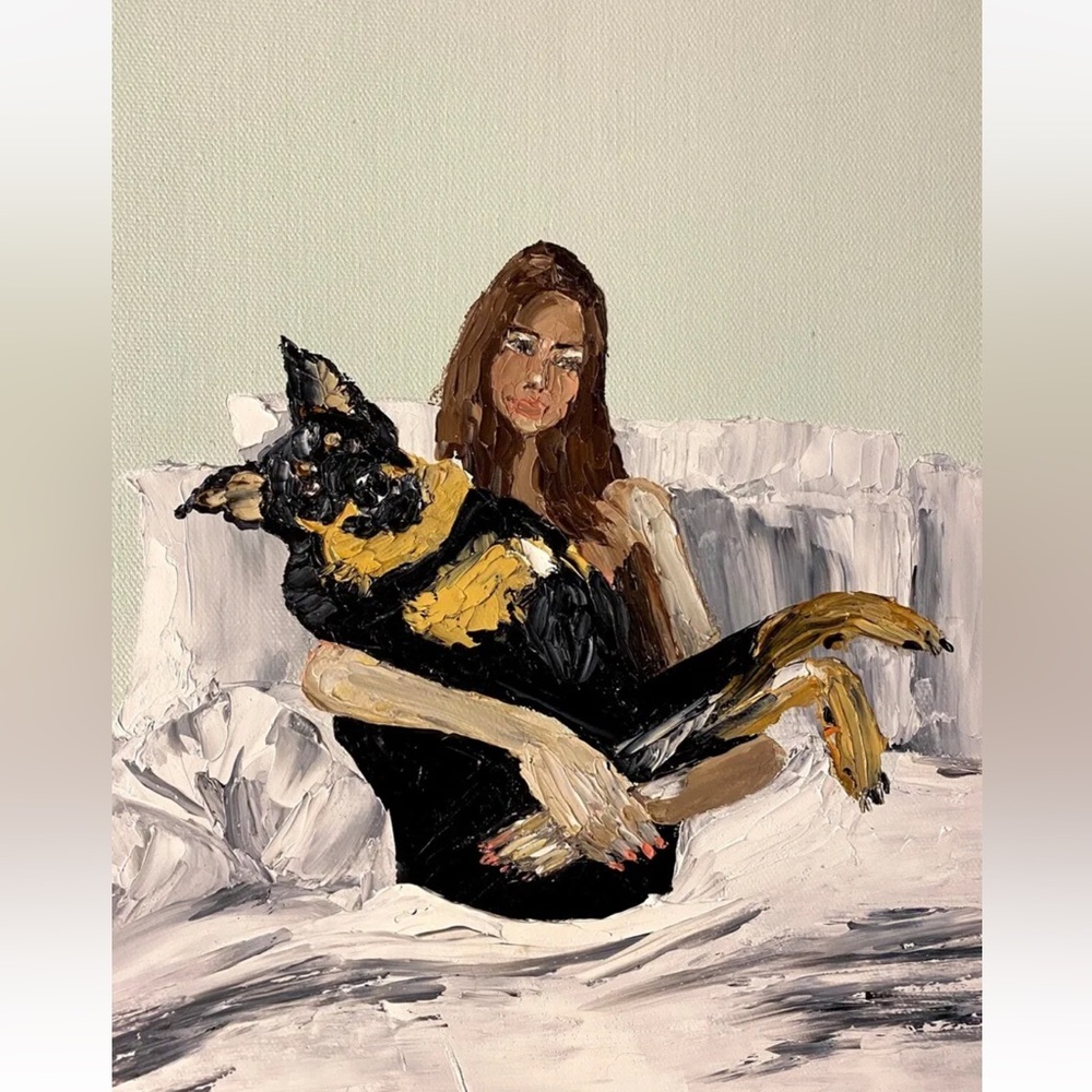 Emily Ratajkowski Art Oil Painting On Canvas 16 x 12 inches Dog Contemporary Art